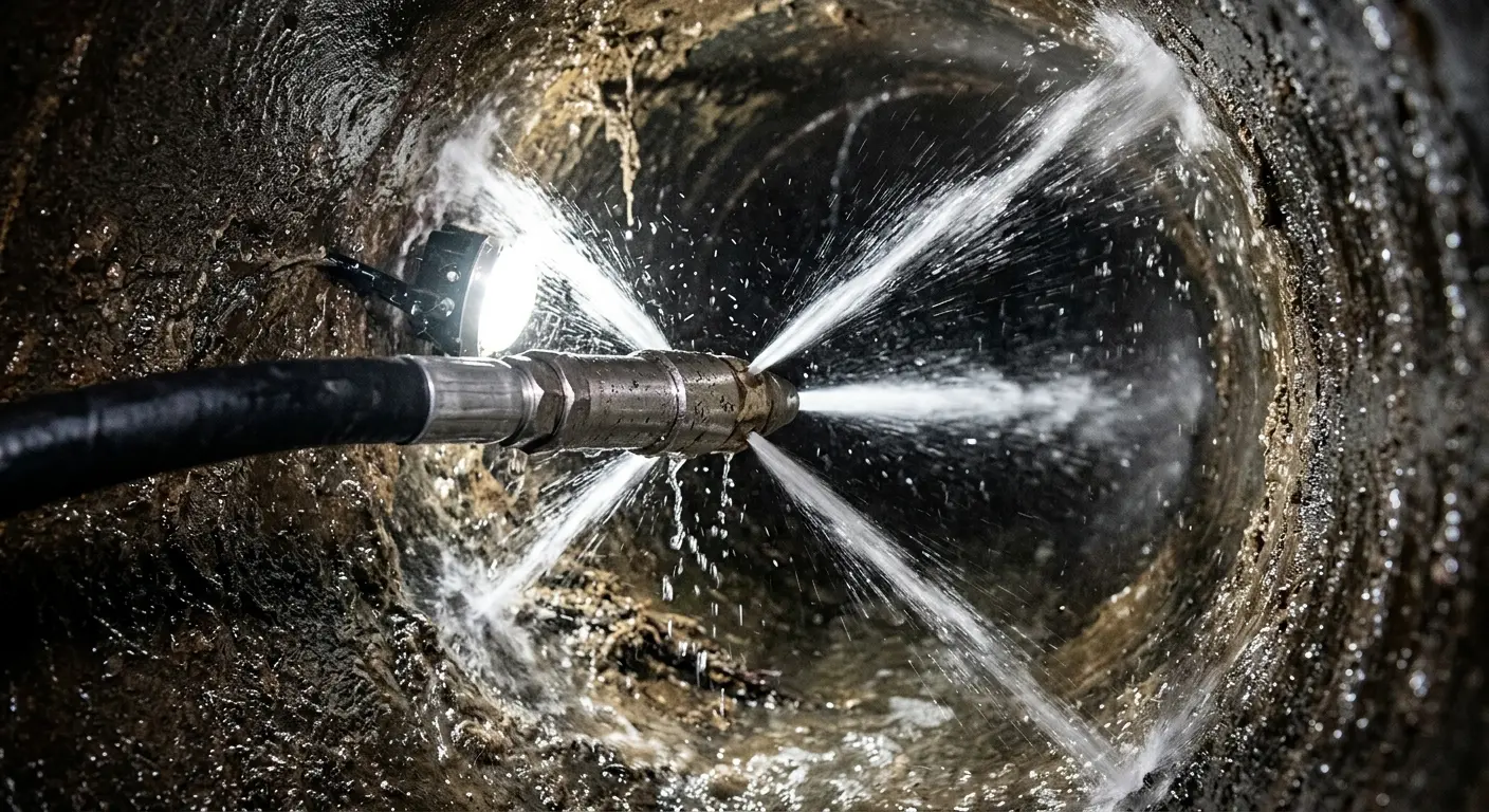 High-pressure hydro jetting nozzle cleaning sewer pipe for Emergency Drain Service in Galt