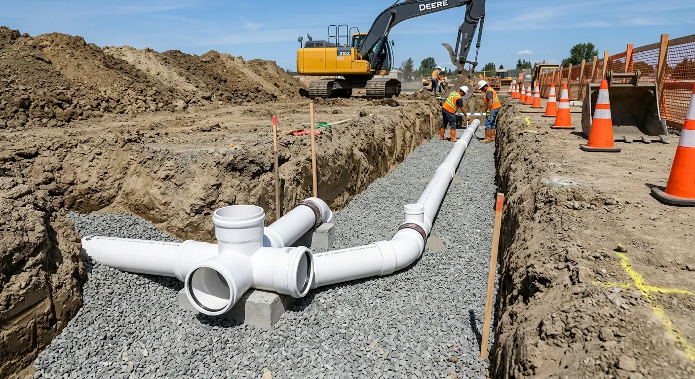 New PVC sewer pipe installation in open trench for Sewer Backup in Galt