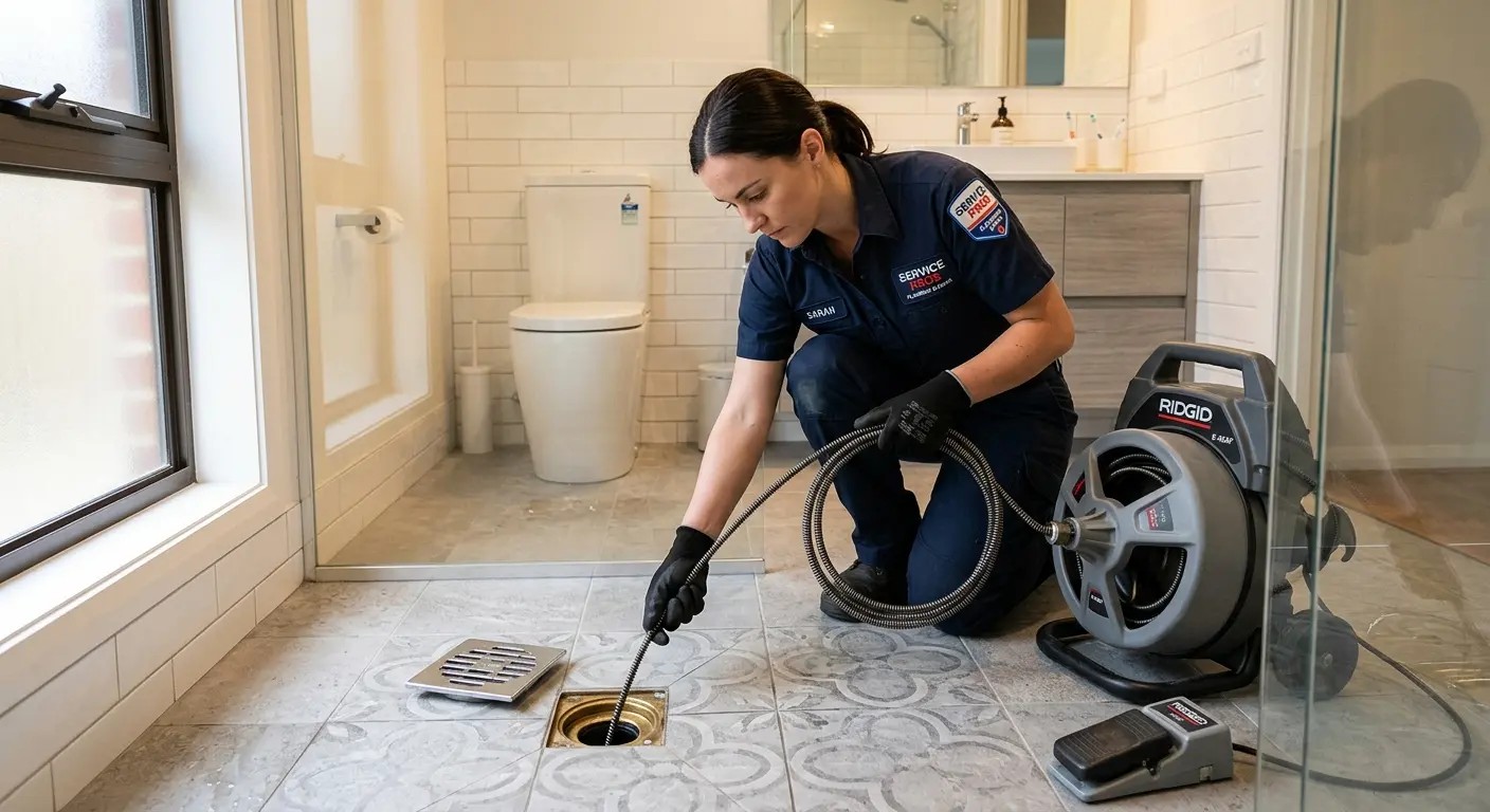 Technician clearing a bathroom floor drain for Sewer Line Replacement in Galt